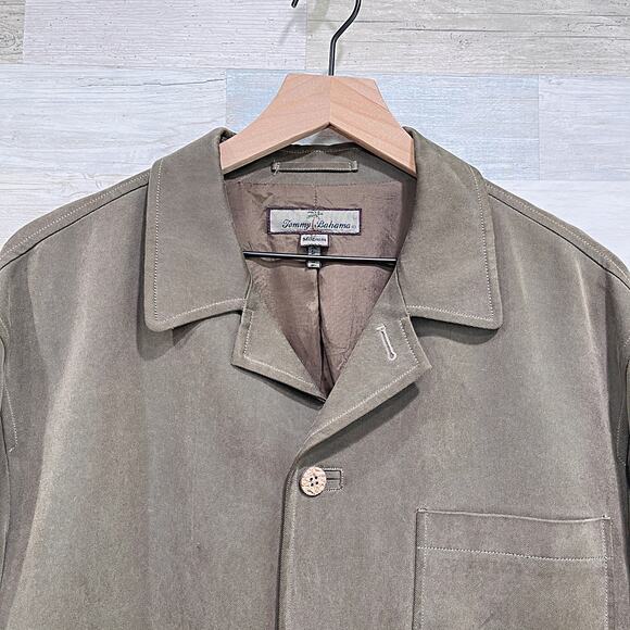 Tommy Bahama 100% Silk Notch Collar Jacket Green Button Down Twill Mens Medium - Picture 2 of 6